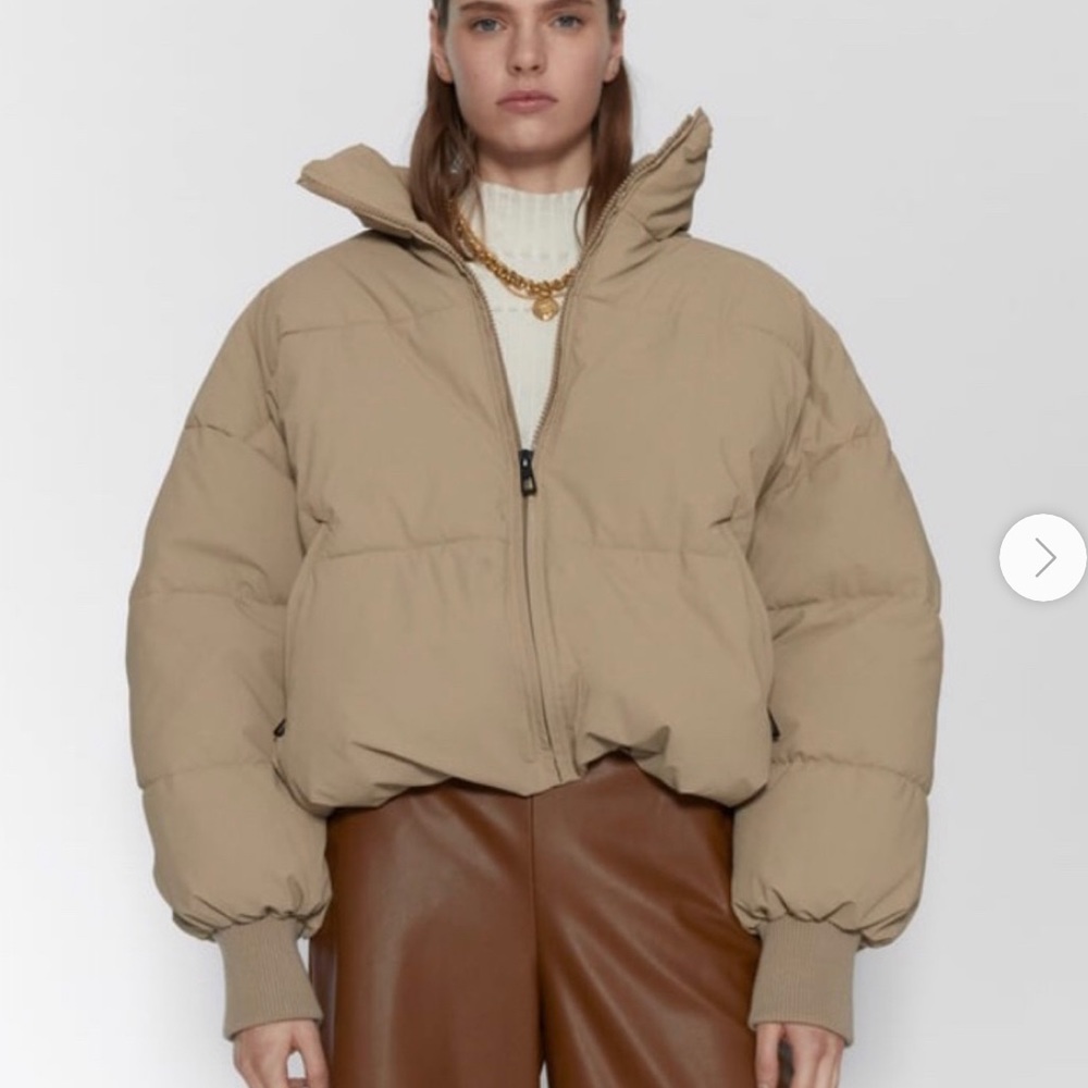 Zara Oversized Puffer Jacket In Khaki Tan Size XL